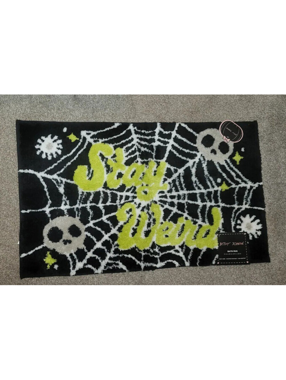 BETSEY JOHNSON BATH RUG - 20"x 32"-STAY WEIRD SPIDERWEB & SKULLS GREEN & BLACK
